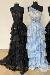 Gold Tulle Sequin One-Shoulder Ruffle Long Prom Dress with Slit