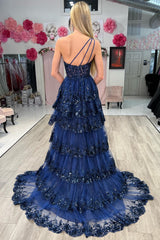 Gold Tulle Sequin One-Shoulder Ruffle Long Prom Dress with Slit