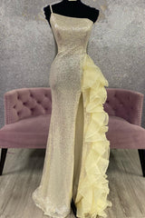 Black Sequin Mesh One-Shoulder Ruffle Long Formal Dress with Slit