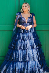Light Blue Tulle Appliques Tying Strap Ruffle Tiered Long Prom Dress