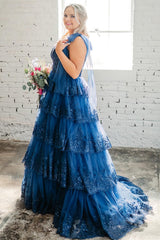 Light Blue Tulle Appliques Tying Strap Ruffle Tiered Long Prom Dress