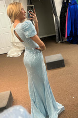 Light Blue Sequin Puff Sleeve V-Neck Mermaid Maxi Dress with Slit