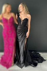 Red One-Shoulder 3D Floral Lace Pleated Long Gown with Slit