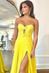 Hot Pink Strapless Keyhole Pleated A-Line Prom Dress