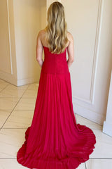Hot Pink Strapless Keyhole Pleated A-Line Prom Dress