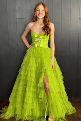 Polka Dot Strapless Ruffle Tiered Prom Gown with Keyholes