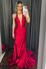 Navy Halter Mermaid Long Formal Dress with Slit