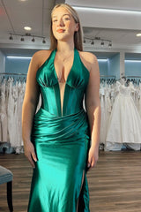 Navy Halter Mermaid Long Formal Dress with Slit