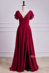 V-Neck Chiffon Maxi Dress with Flutter Sleeves in Red