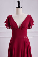 V-Neck Chiffon Maxi Dress with Flutter Sleeves in Red