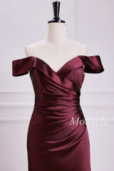 Off-the-Shoulder Pleated Trumpet Maxi Dress in Burgundy