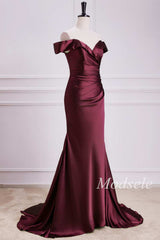 Off-the-Shoulder Pleated Trumpet Maxi Dress in Burgundy