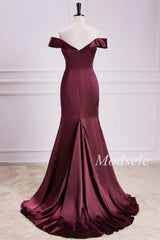 Off-the-Shoulder Pleated Trumpet Maxi Dress in Burgundy
