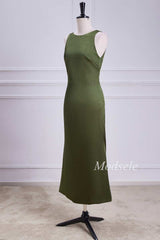 Tie Neck Keyhole Midi Dress in Olive Green
