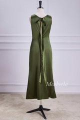 Tie Neck Keyhole Midi Dress in Olive Green