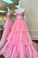 Tiered Ruffle Sequin-Embroidery Corset Long Prom Gown