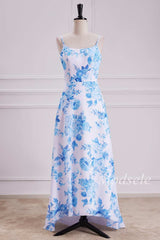 Floral Round Neck High-Low Dress with Spaghetti Straps