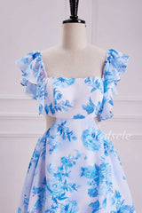 Flutter Sleeve Cutout Tiered Floral Print Maxi Dress