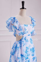 Flutter Sleeve Cutout Tiered Floral Print Maxi Dress
