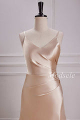 V-Neck Pleated Bodice Maxi Dress in Champagne