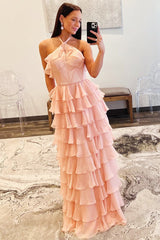 Halter Keyhole Ruffle Tiered Prom Dress with Slit