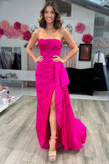Strapless A-Line Empire-Waist Sleeveless Satin Long Prom Dress with Train
