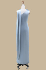 Dusty Blue One-Shoulder Maxi Dress with Sash