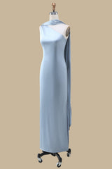 Dusty Blue One-Shoulder Maxi Dress with Sash