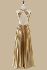 Gold Round Neck Ruffle Pleated Maxi Dress
