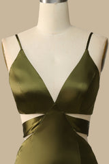 Olive Green V-Neck Cutout Maxi Dress with Spaghetti Straps