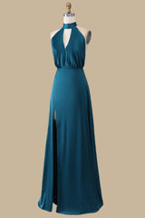 Turquoise Halter Blouson-Style Maxi Dress with Slit