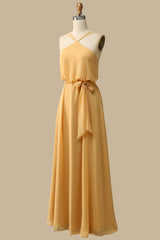 Blouson-Style Halter Chiffon Maxi Dress in Mustard Yellow