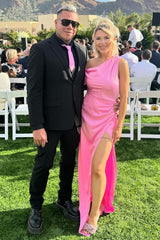 Asymmetrical Maxi Bridesmaid Dress with Slit in Pink