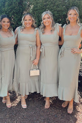 Sage Brush Square Neck Bow Strap Midi Dress
