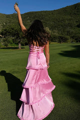 Pink Scoop Neck Lace-Up Ruffle Tiered Maxi Dress with Slit