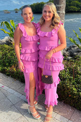 Square Neck Ruffle Midi Dress with Slit in Fuchsia