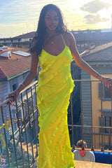Lime Green V-Neck Spaghetti Strap Ruffle Maxi Dress
