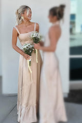 Champagne Lace-Up A-Line Maxi Dress with Slit