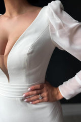 White Plunge V Backless Mermaid Long Wedding Dress