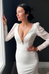 White Plunge V Backless Mermaid Long Wedding Dress