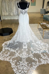 White Sheer Corset Mermaid Wedding Dress with Mesh Train
