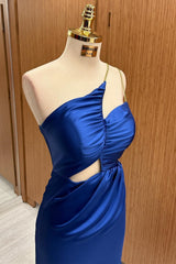 Royal Blue Satin Asymmetrical Cutout Maxi Dress