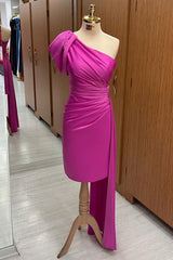 Fuchsia One-Shoulder Ruched Midi Dress with Attached Train