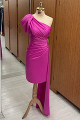 Fuchsia One-Shoulder Ruched Midi Dress with Attached Train