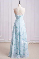 Floral Print Cowl Neck Cross-Back Chiffon Bridesmaid Dress