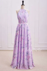 Purple Floral Print Halter Long Bridesmaid Dress