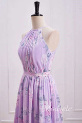 Purple Floral Print Halter Long Bridesmaid Dress
