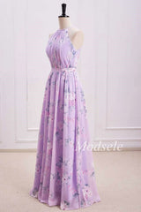 Purple Floral Print Halter Long Bridesmaid Dress