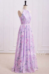 Purple Floral Print Halter Long Bridesmaid Dress