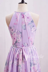 Purple Floral Print Halter Long Bridesmaid Dress